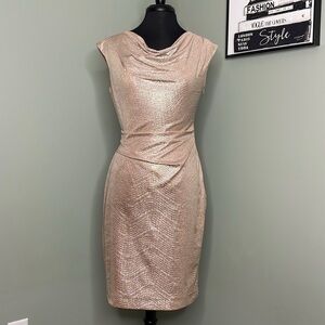 Vince Camuto’s Rose Gold Shimmery Cowl Neck Midi Sheath Sleeveless Dress